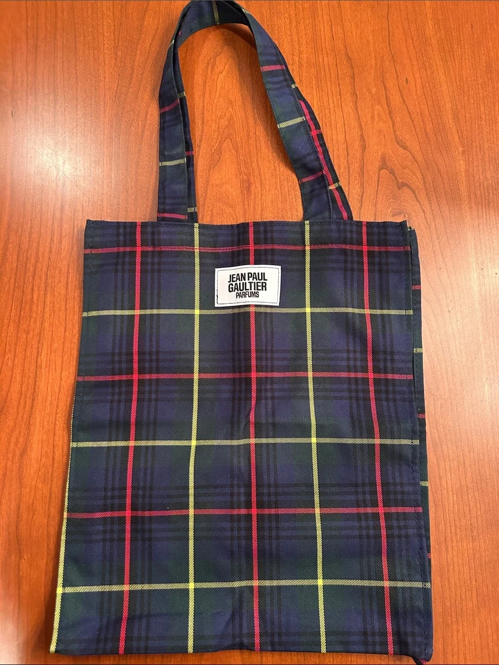 Jean Paul Gaultier Green/Navy Tartan Plaid Tote with Red and Yellow stripes